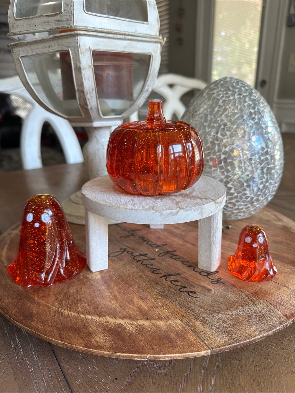Orange resin Pumpkin and Ghost Figurine Set - Holiday Table Decor